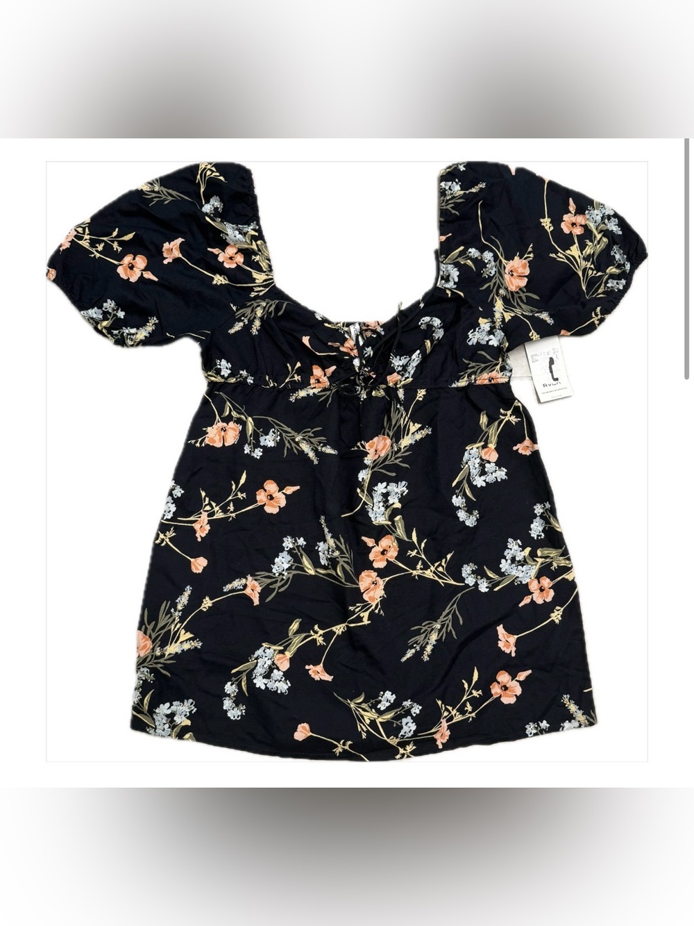 RVCA Black Floral Puff-Sleeve Square-Neck Tunic - Peach & Light Blue Flowers